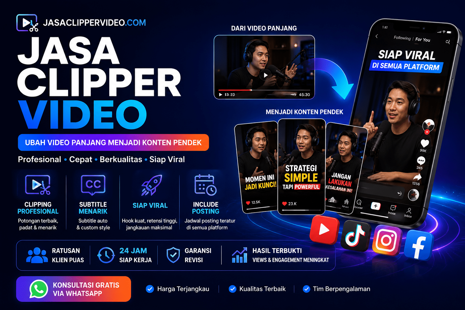 Jasa Clipper Video Profesional untuk YouTube Shorts, TikTok, Instagram Reels, dan Facebook Reels